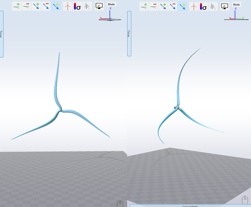 Two rotors, one with a large in-plane bladem one with a large out-of-plane blade